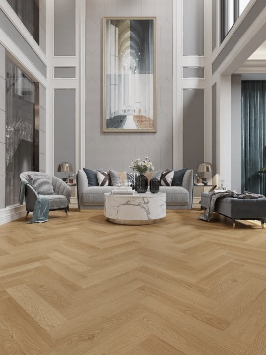 原木风人字拼石晶地板效果图HR702小蓝鲸石晶