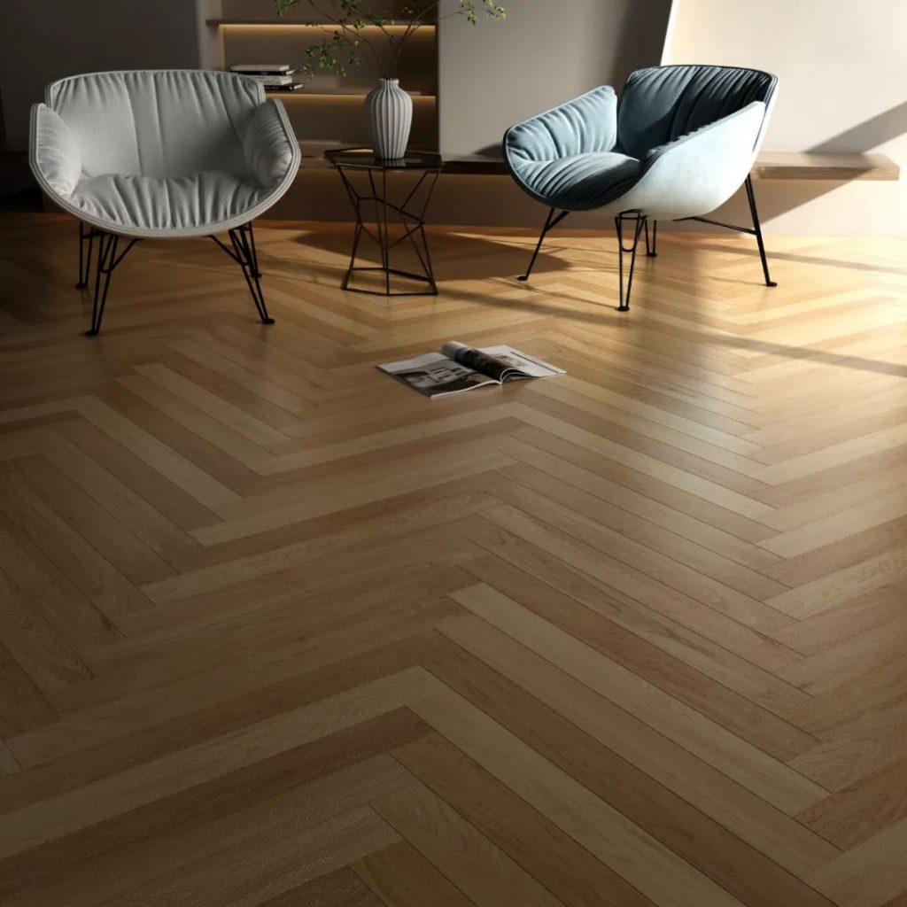 小蓝鲸石晶地板VN1111人字拼地板铺装效果图